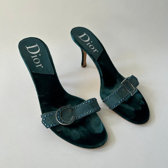 VINTAGE CHRISTIAN DIOR BLUE VELVELT EMBELLISHED HEELS - Picture 2 of 9